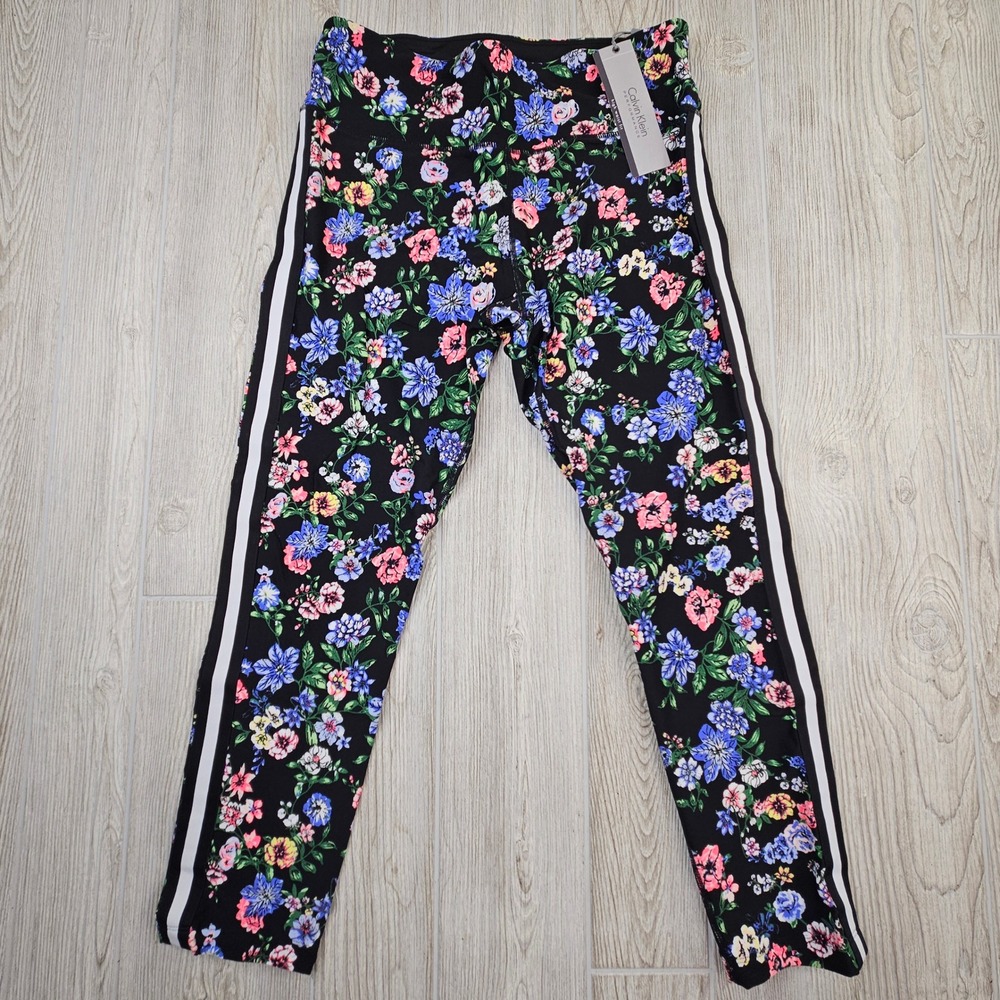 Calvin Klein Performance Floral High Waist Leggings Black Multi Side Stripe L